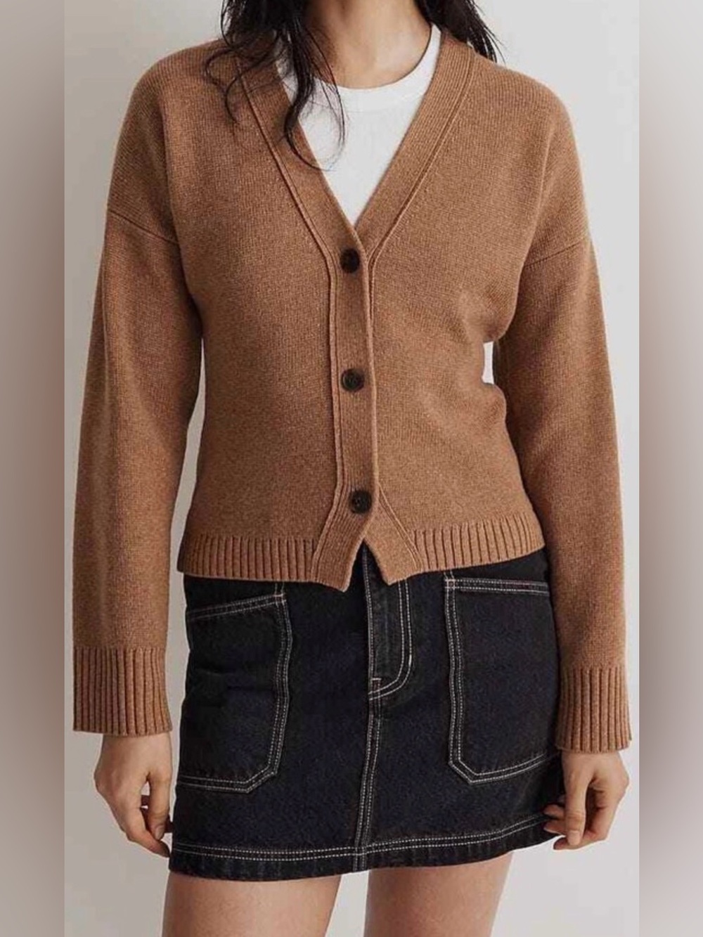 Madewell Camel Brown Wool Blend V-Neck Slim Fit Button Cardigan Sweater Sz M